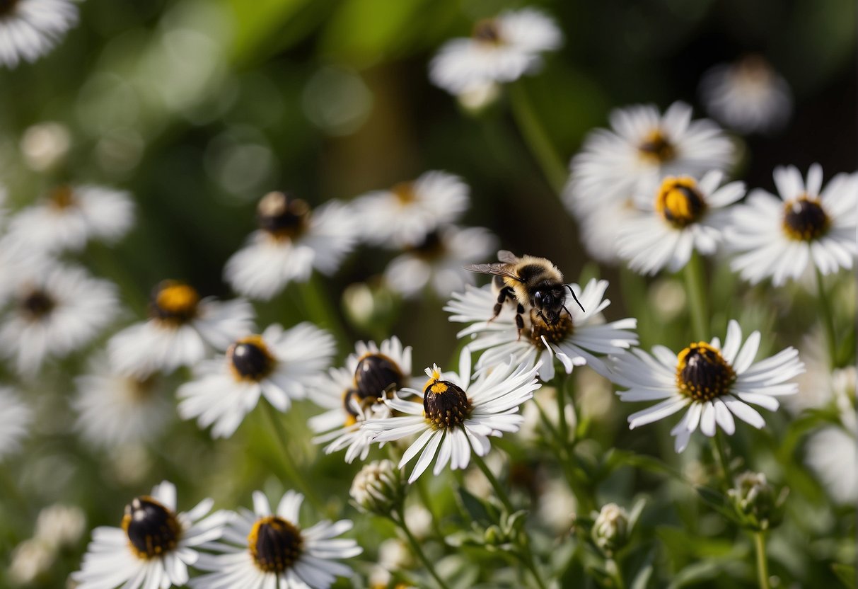 A swarm of black and white bees buzzing around a vibrant garden