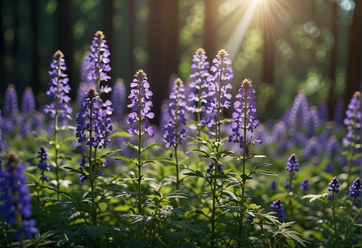 A field of blooming wolfsbane, surrounded by a dense forest. The purple flowers stand out against the green foliage