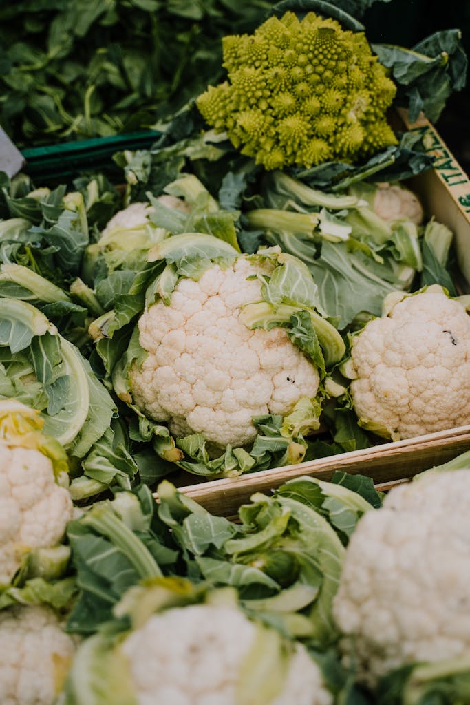 Cauliflowers in Wooden Crate